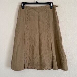 J Jill 8P Brown Linen Midi Skirt Scallop Lagenlook Artsy Boho Feminine Beach